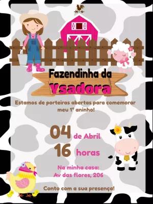 Convite Aniversário Fazendinha Rosa Menina para Editar Online