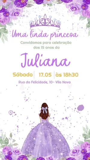 Convite 15 Anos Princesa Lilás com Flores para Editar Online