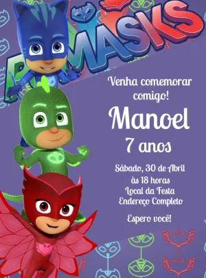 Convite de Aniversário PJ Masks com Personagens para Editar