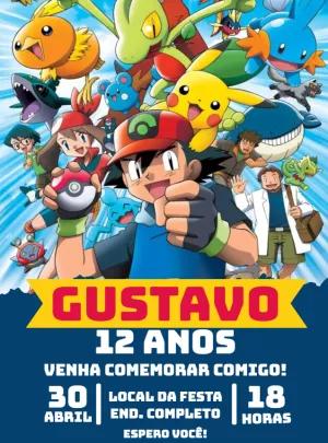 Convite de Aniversário Pokémon com Personagens para Editar Online