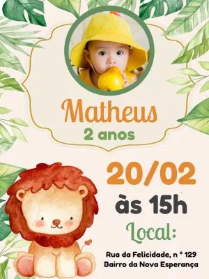 Convite Aniversário Leãozinho com Foto para Editar Online