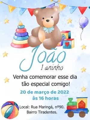Convite Aniversário Ursinho e Brinquedos para Editar Online
