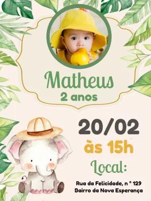 Convite Aniversário Elefante Safari com Foto para Editar Online