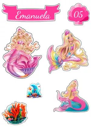 Topo de Bolo Barbie Sereia Editável para Festa de Aniversário