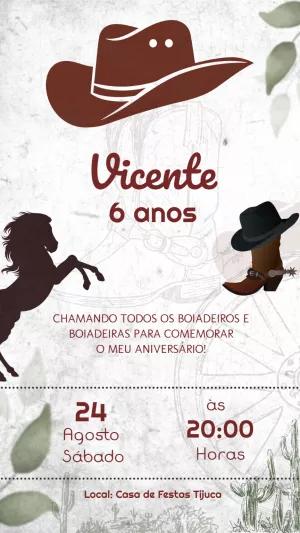 Convite de Aniversário Vaqueiro com Chapéu e Bota para Editar
