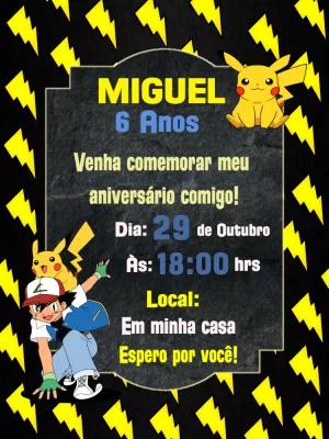 Convite de Aniversário Pokémon com Pikachu para Editar Online