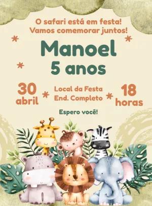 Convite de Aniversário Safari com Animais Fofos para Editar Online