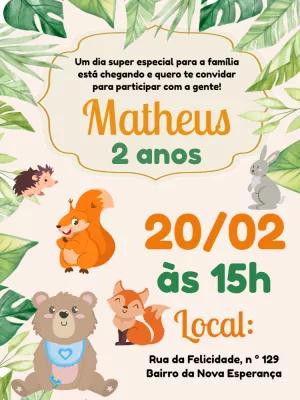 Convite Aniversário Bosque Encantado com Animais Editável Online