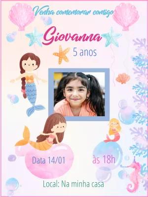 Convite de Aniversário Sereia com Foto para Editar Online