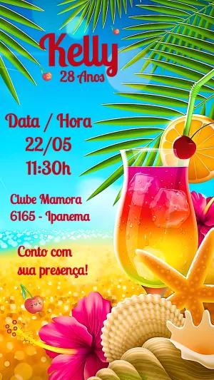 Convite Aniversário Festa Tropical com Coquetel para Editar Online