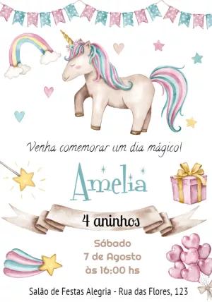 Convite de Aniversário Unicórnio Mágico para Editar Online
