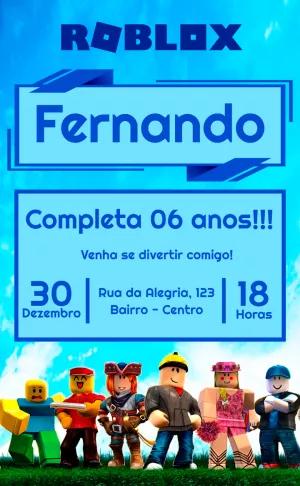 Convite de Aniversário Roblox Azul com Personagens para Editar