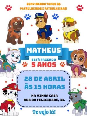 Convite Aniversário Patrulha Canina com Filhotes para Editar