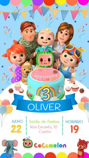 Convite de Aniversário Cocomelon com Personagens para Editar