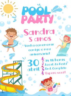 Convite de Aniversário Pool Party Infantil para Editar Online