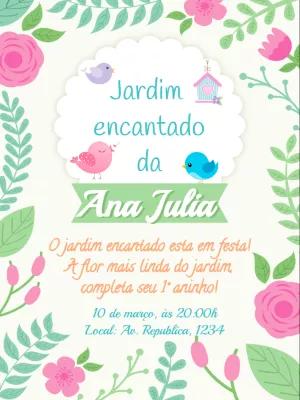 Convite Aniversário Jardim Encantado com Passarinhos para Editar