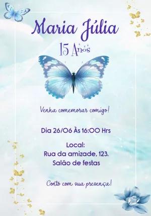 Convite de 15 Anos Borboleta Azul para Editar Online