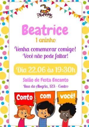 Convite Aniversário 3 Palavrinhas para Editar Online