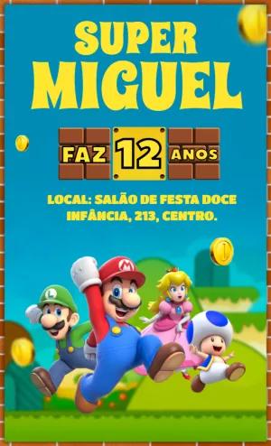 Convite Aniversário Super Mario com Personagens para Editar