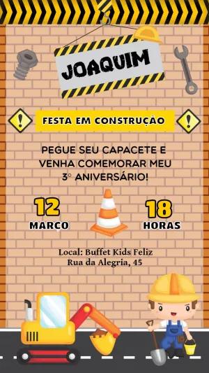 Convite Aniversário Construção com Trator para Editar Online