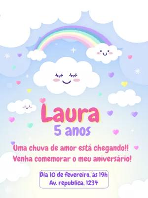 Convite Aniversário Chuva de Amor com Nuvens para Editar