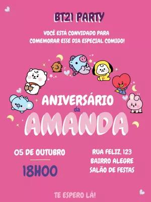 Convite Aniversário BT21 K-pop com Personagens para Editar