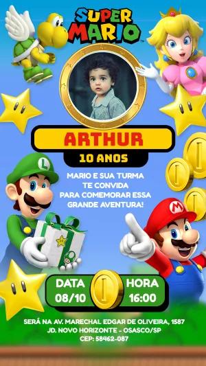 Convite de Aniversário Super Mario com Foto para Editar Online