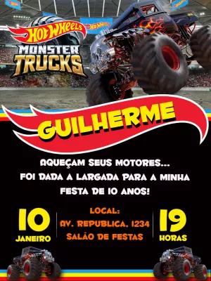 Convite de Aniversário Hot Wheels Monster Trucks para Editar