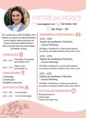 Modelo de Currículo com Foto Rosa para Editar Online