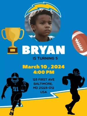 Chargers Football Birthday Invitation with Photo to Edit