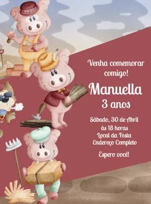 Convite de Aniversário Três Porquinhos para Editar Online