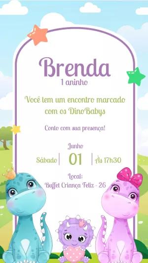 Convite Aniversário Dinossauro Baby Menina para Editar Online