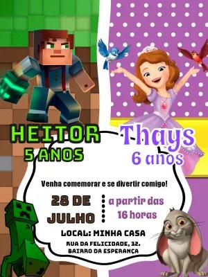 Convite Duplo Aniversário Minecraft e Princesa Sofia para Editar
