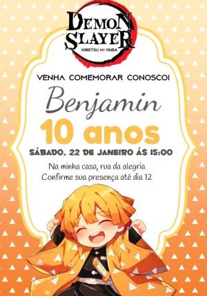Convite Aniversário Demon Slayer Zenitsu para Editar Online