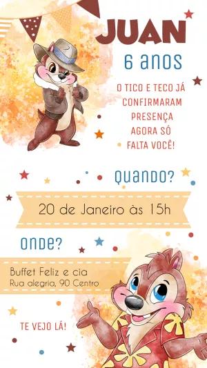 Convite Aniversário Tico e Teco Aquarela para Editar Online