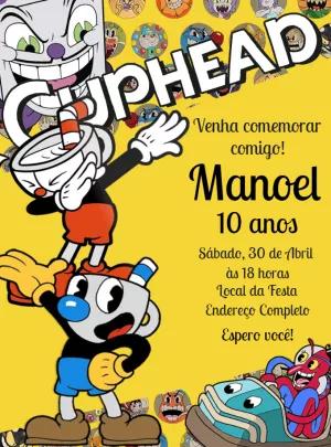 Convite de Aniversário Cuphead com Personagens para Editar