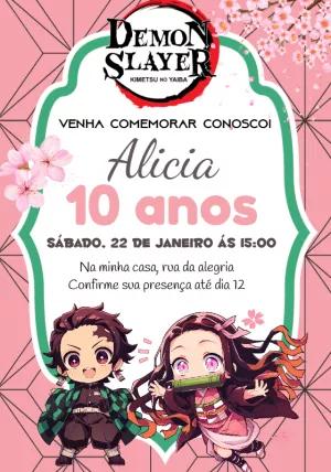 Convite de Aniversário Demon Slayer com Nezuko para Editar