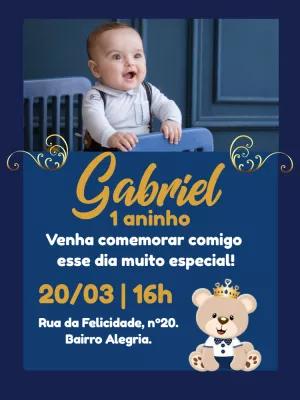 Convite Aniversário Ursinho Príncipe com Foto para Editar Online