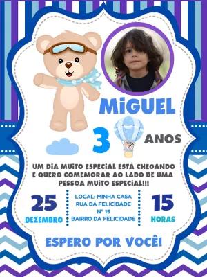 Convite Aniversário Ursinho Baloeiro com Foto para Editar
