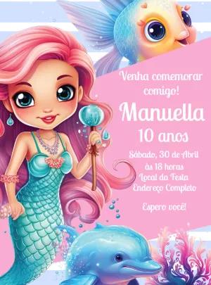 Convite Aniversário Sereia e Golfinho para Editar Online