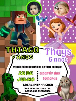 Convite Aniversário Duplo Minecraft e Princesa Sofia para Editar