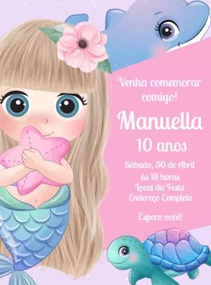 Convite de Aniversário Sereia Fofa para Editar Online