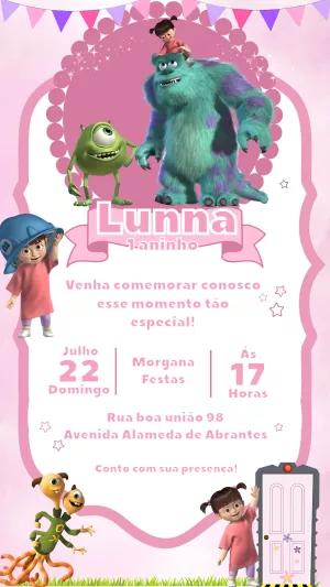 Convite Aniversário Monstros S.A. com Personagens para Editar