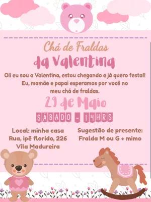 Convite Chá de Bebê Ursinha Rosa para Editar Online