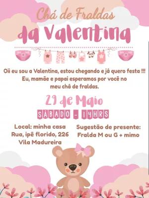 Convite Chá de Fraldas Ursinha Rosa para Editar Online