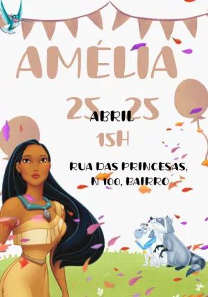 Convite Aniversário Pocahontas Editável Online para Imprimir