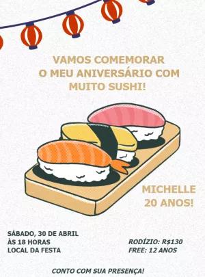 Convite de Aniversário Sushi para Editar e Imprimir