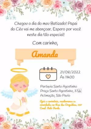 Convite de Batizado Floral com Anjinha para Editar Online