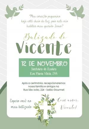 Convite de Batizado com Folhagens Verdes para Editar Online