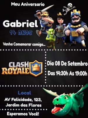Convite de Aniversário Clash Royale com Personagens para Editar